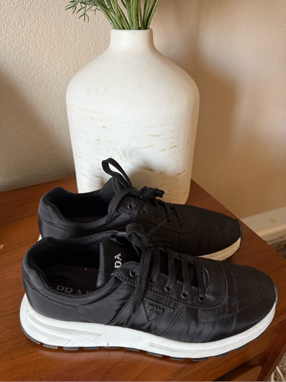 Prada Black Nylon Low-Top Sneakers with White Sole